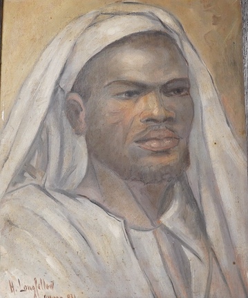 H. Longfellow, oil on board, Portrait of an Arab, signed and indistinctly dated, 38 x 30cm. Condition - fair